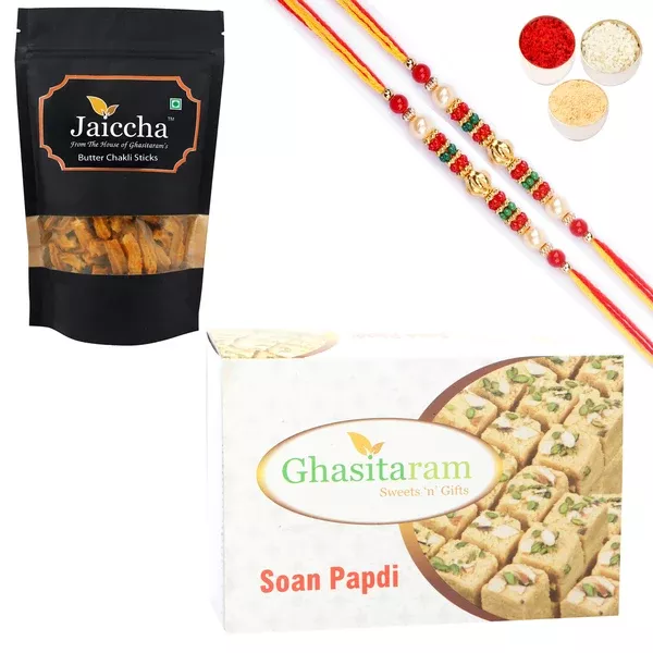 Ghasitaram Soan Papdi and Butter Chakli Sticks With 2 Pearl Beads Rakhis - Combo