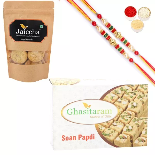 Ghasitaram Soan Papdi and Methi Mathi With 2 Pearl Beads Rakhis - Combo
