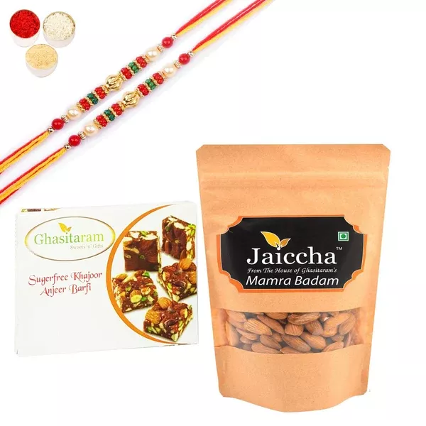 Ghasitaram Sugarfree Figs and Dates Bites,and Mamra Almonds With Pearl Beads Rakhi - Combo