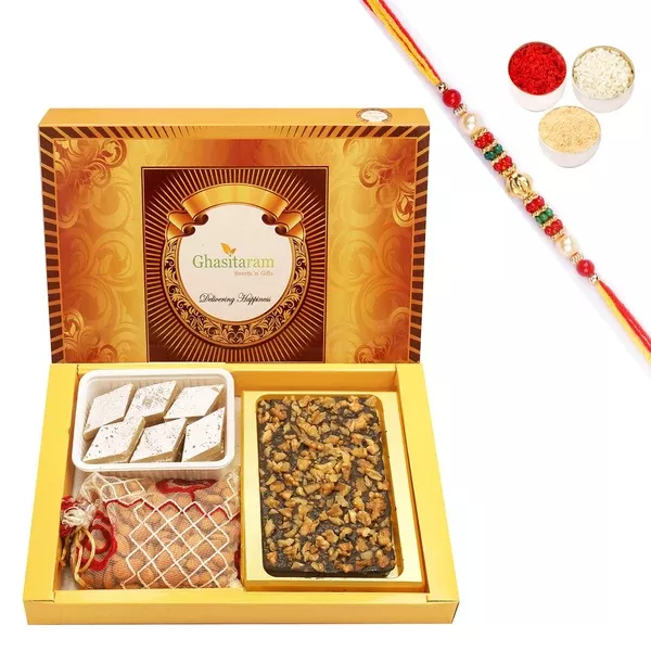 Ghasitaram Walnut Chocolate Bark, Almonds and Kaju Katli With Pearl Beads Rakhi - Combo