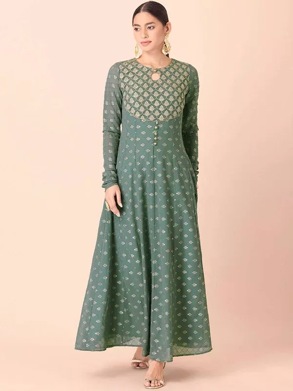 Indya Green & Gold-Toned Ethnic Motifs Printed Georgette Anarkali Kurta - XS