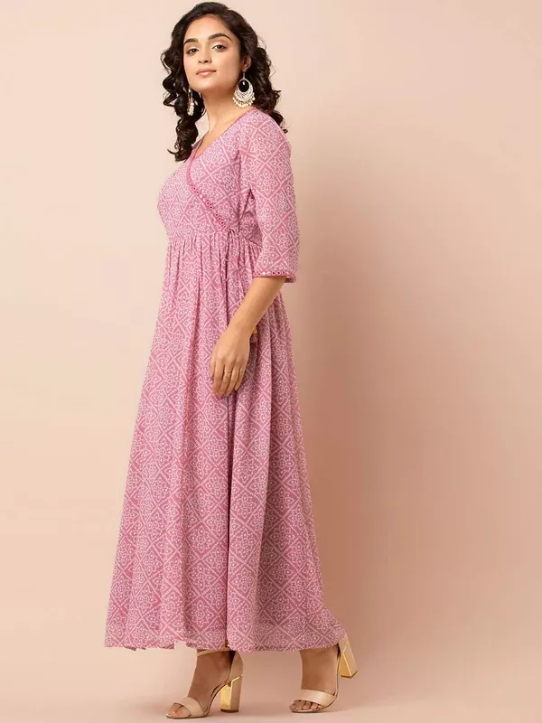 Indya Pink & White Printed Ethnic Maxi Dress - xs