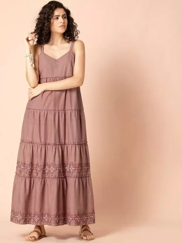 Indya Rose Pink Embroidered Tiered Maxi Dress - XS