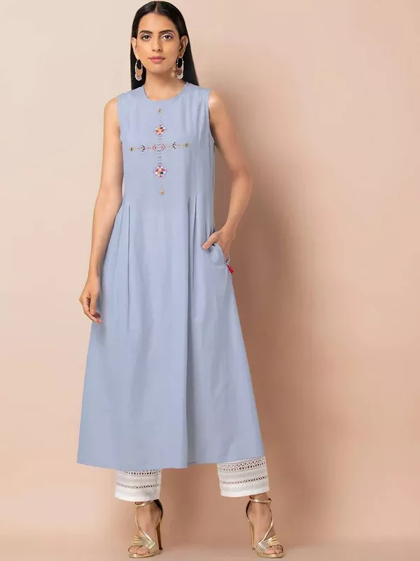 Indya Women Blue Solid A-Line Kurta - S