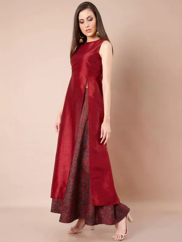 Indya Women Maroon Solid A-Line Kurta - S