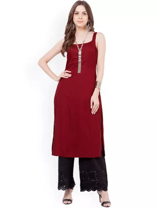 Indya Women Maroon Solid Straight Kurta - M