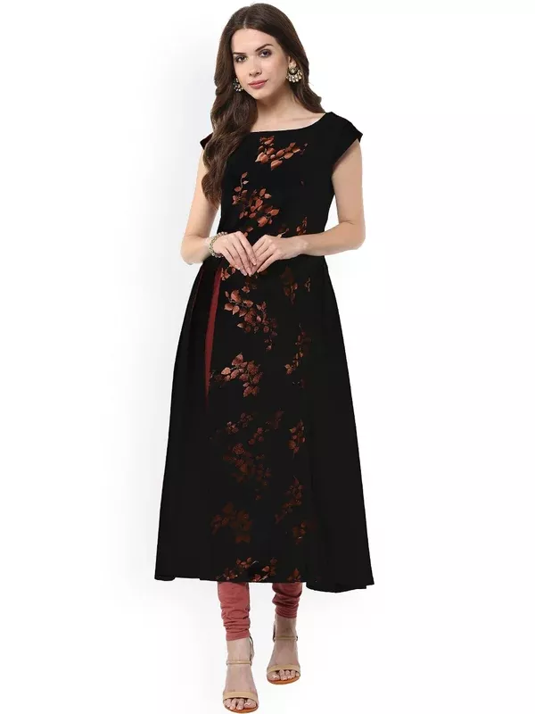 Janasya Women Black Floral Print A-Line Kurta - XS