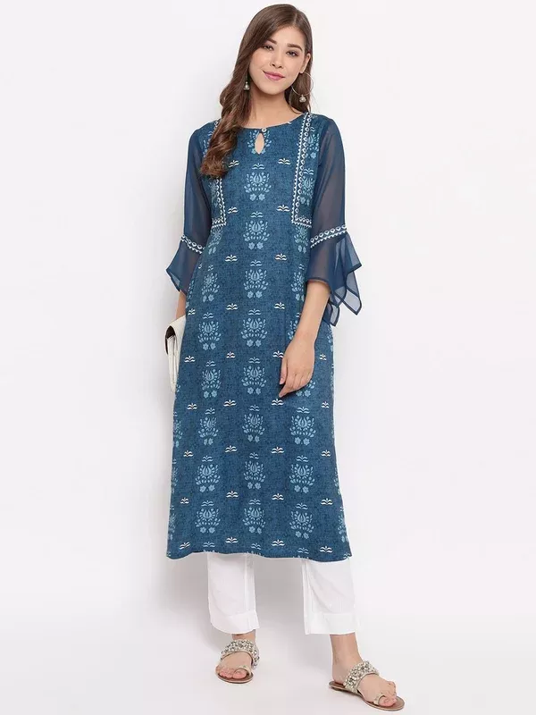 Janasya Women Blue Floral Printed Straight Kurta - XS