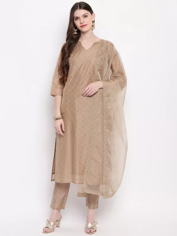Janasya Women Brown Printed Kurta with Trousers & Dupatta - XS