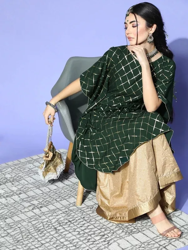 Janasya Women Green Checked New Age Kaftan Kurta - XS