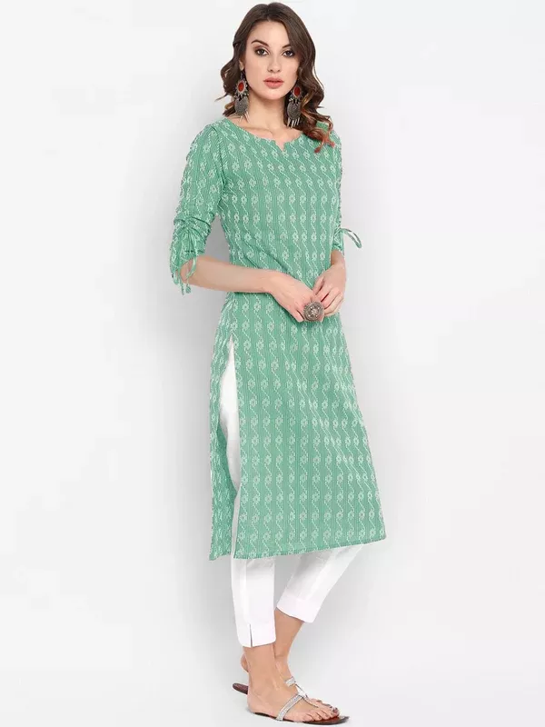 Janasya Women Green Geometric Printed Cotton Kurta - XS