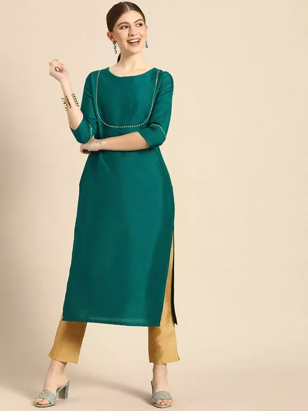 Janasya Women Green Regular Kurta with Trousers - XS