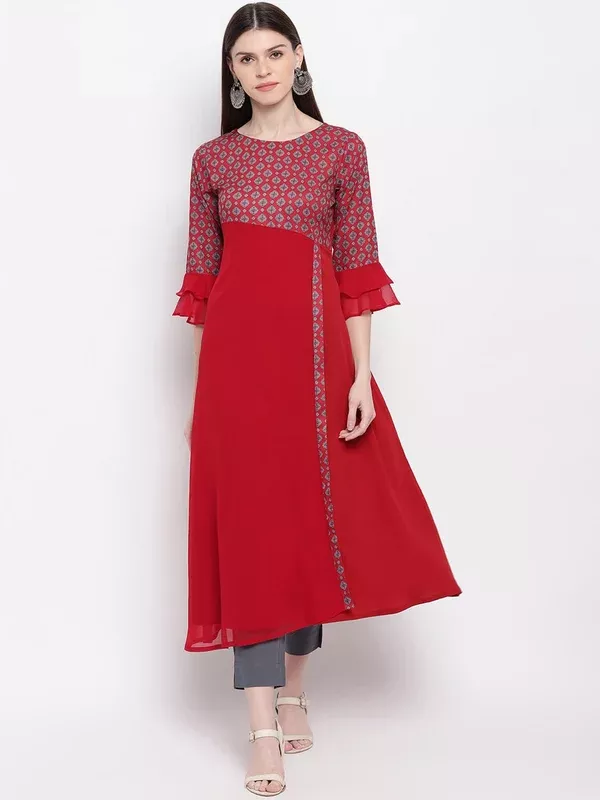 Janasya Women Maroon & White Yoke Design A-Line Kurta - XS