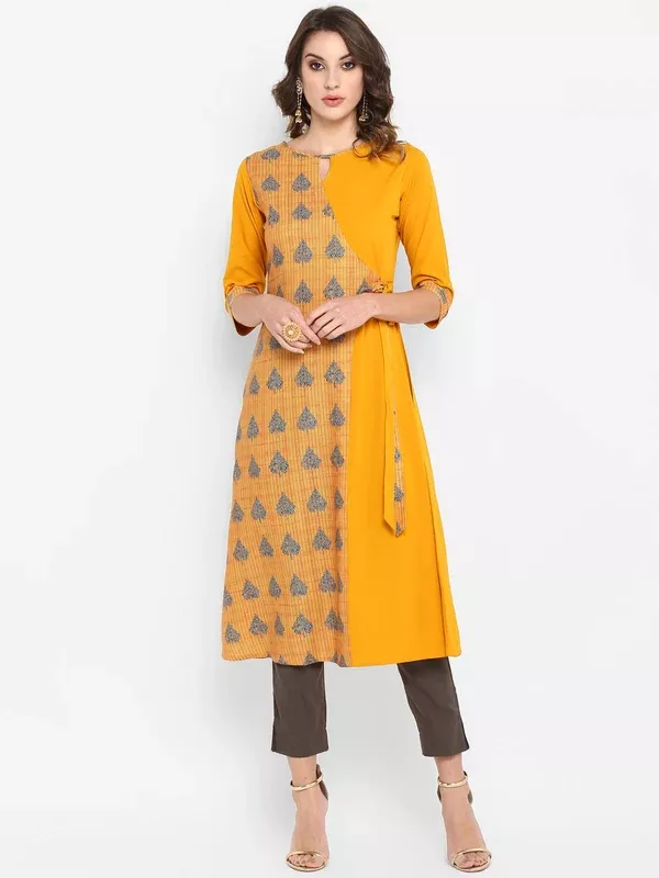 Janasya Women Mustard Yellow & Blue Printed A-Line Kurta - XS