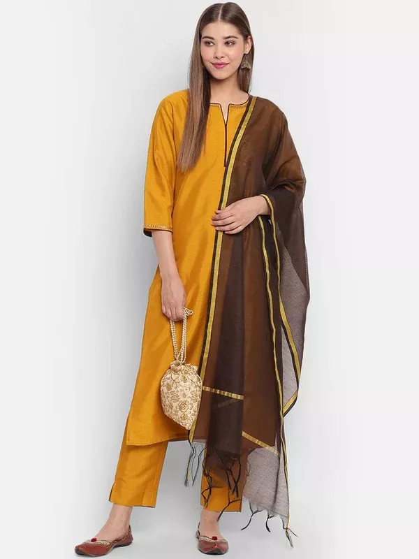 Janasya Women Mustard Yellow & Brown Solid Kurta with Trousers & Dupatta - XS
