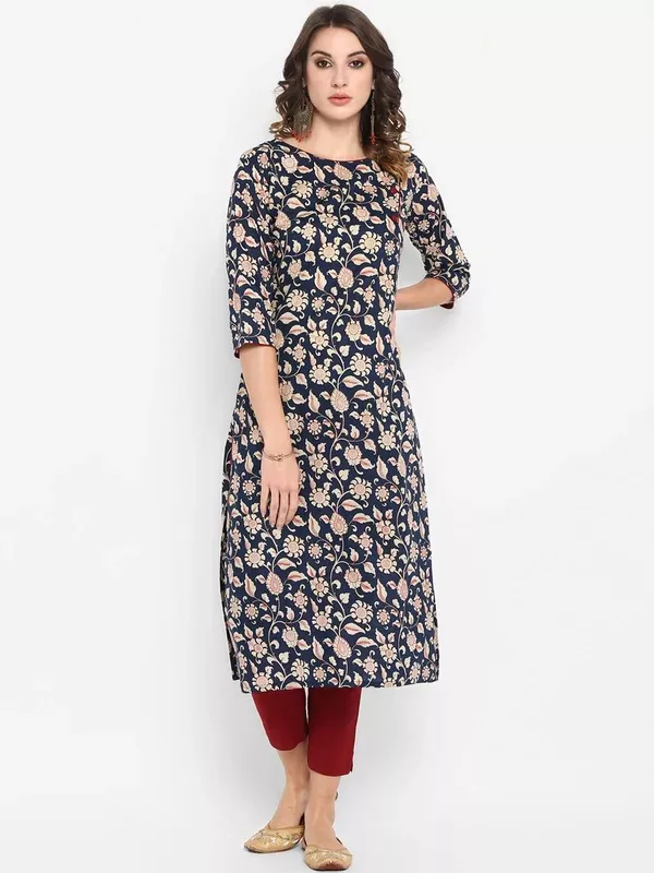 Janasya Women Navy Blue Ethnic Motifs Printed Regular Pure Cotton Kurta with Trousers - XS