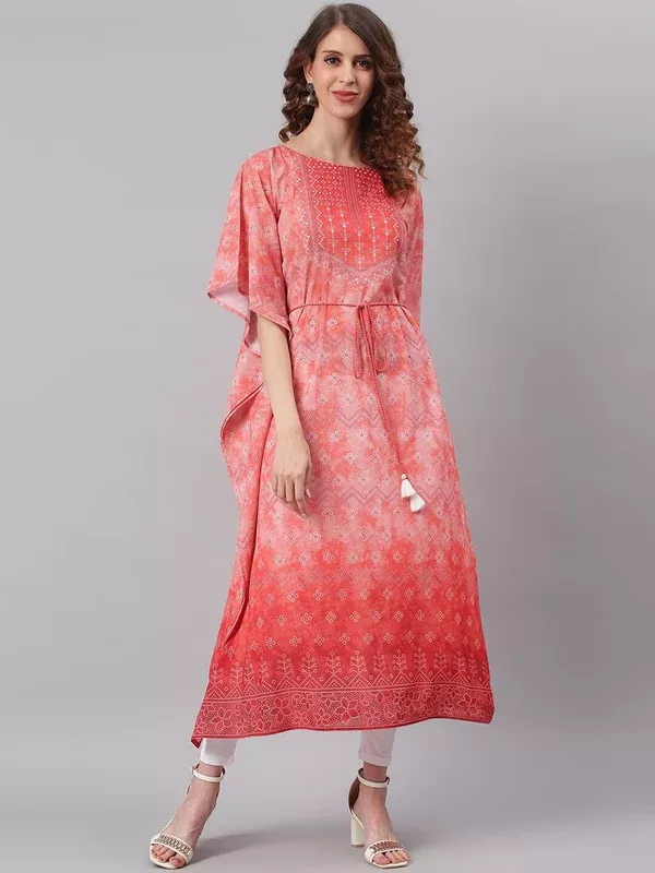Janasya Women Peach-Coloured Ethnic Motifs Dyed Thread Work Georgette Kaftan Kurta - S
