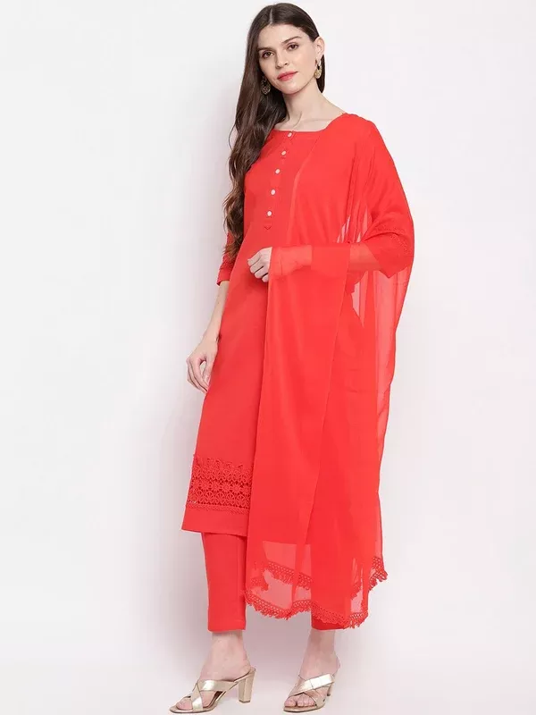 Janasya Women Red Solid Kurta with Trousers & Dupatta - XS