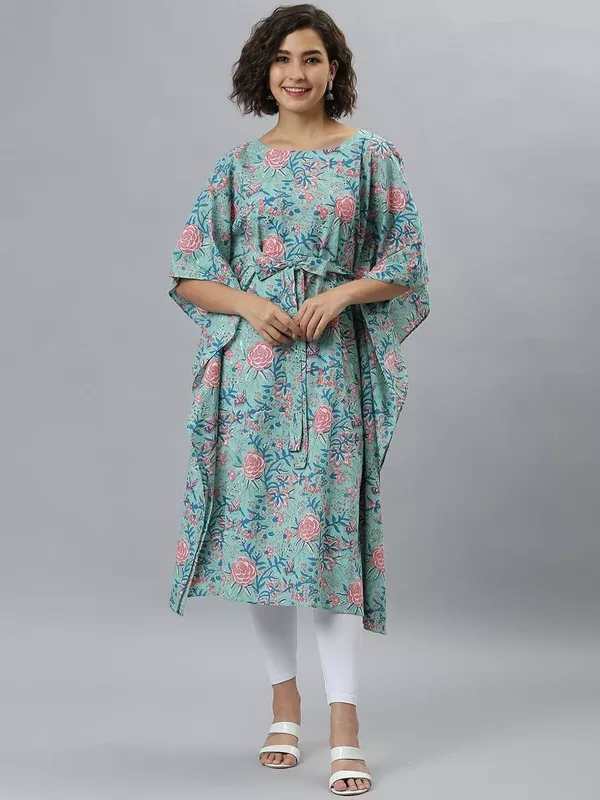 Janasya Women Sea Green Floral Printed Kaftan Kurta - XS