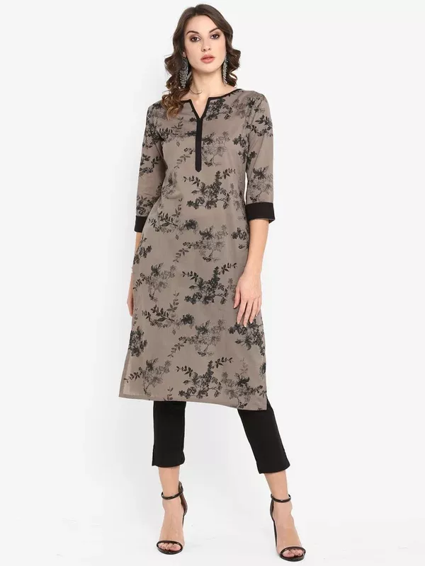 Janasya Women Taupe & Black Printed Straight Kurta - S