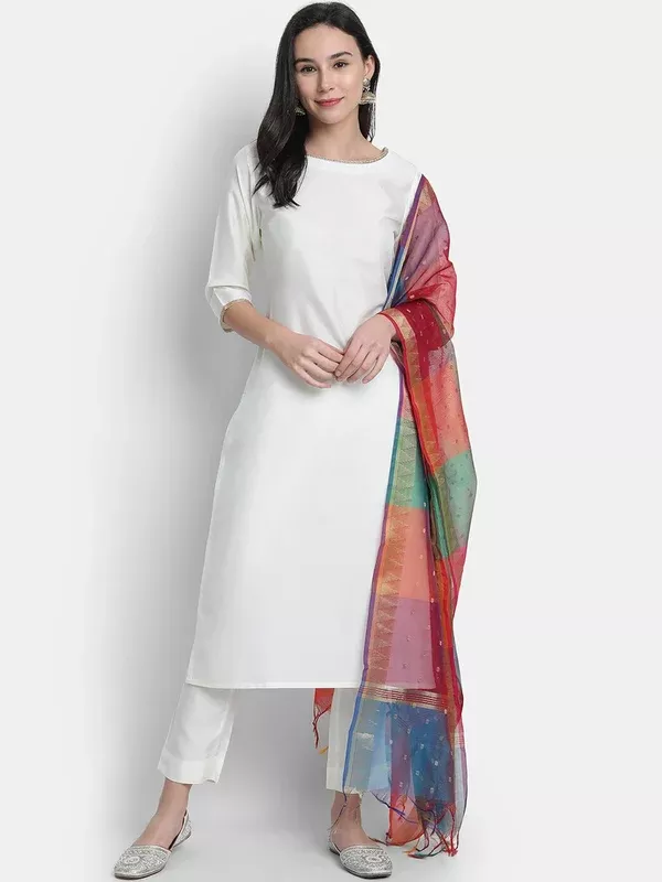 Janasya Women White Solid Kurta with Trousers & Dupatta - XS
