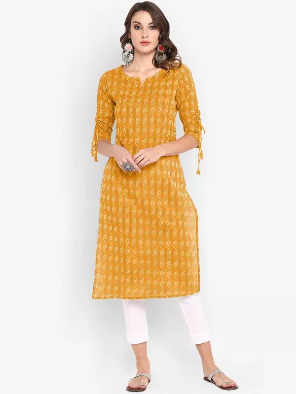 Janasya Women Yellow & Off-White Woven Design Straight Kurta - XS
