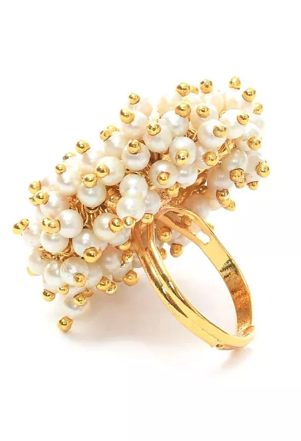 Mominos Fashion Gold-Polished with Pearls Ring - Free Size