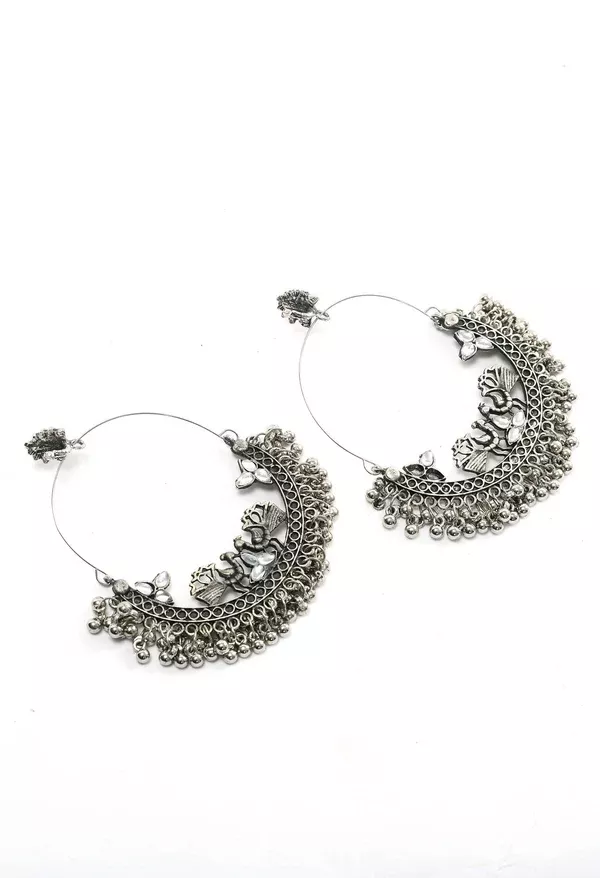 Mominos Fashion Johar Kamal Silver Peacock Design Chandbali Earrings
