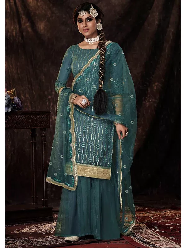 Myra Beautiful Dark Firozi Net Embroidered Sharara Suit - XXS