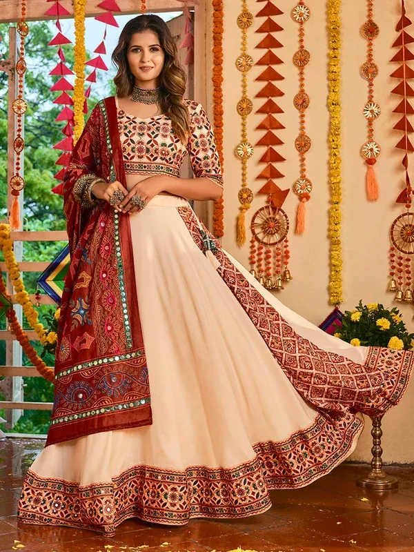 Myra Beige Maslin Cotton Embroidered Navratri Special Lehenga - XXS
