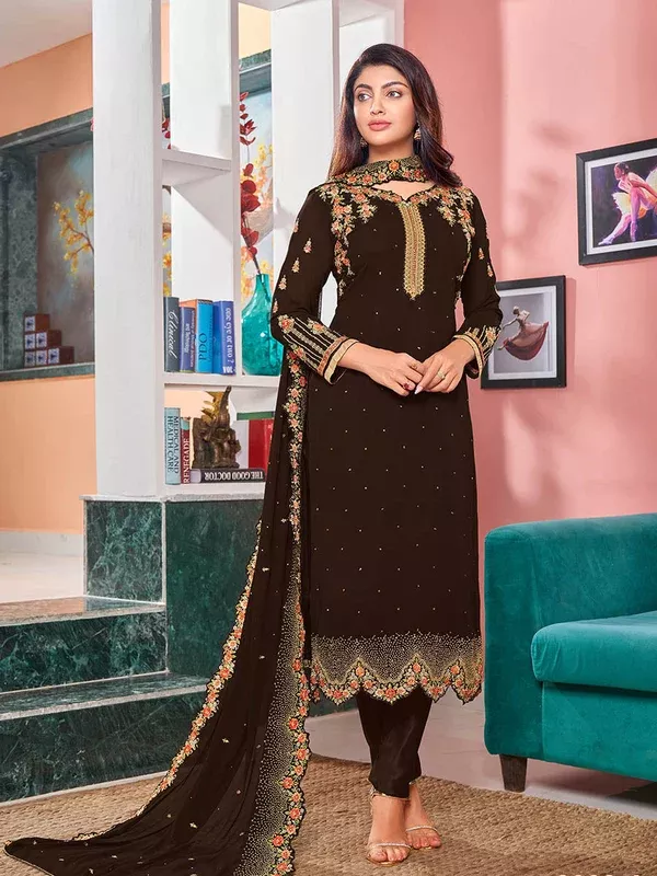 Myra Brown Heavy Faux Georgette Embroidered Churidar Suit - XXS