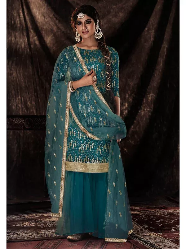 Myra Dark Firozi Net Embroidered Sharara Suit - XXS