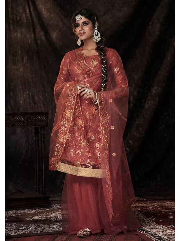 Myra Dark Orange Net Embroidered Sharara Suit - XXS
