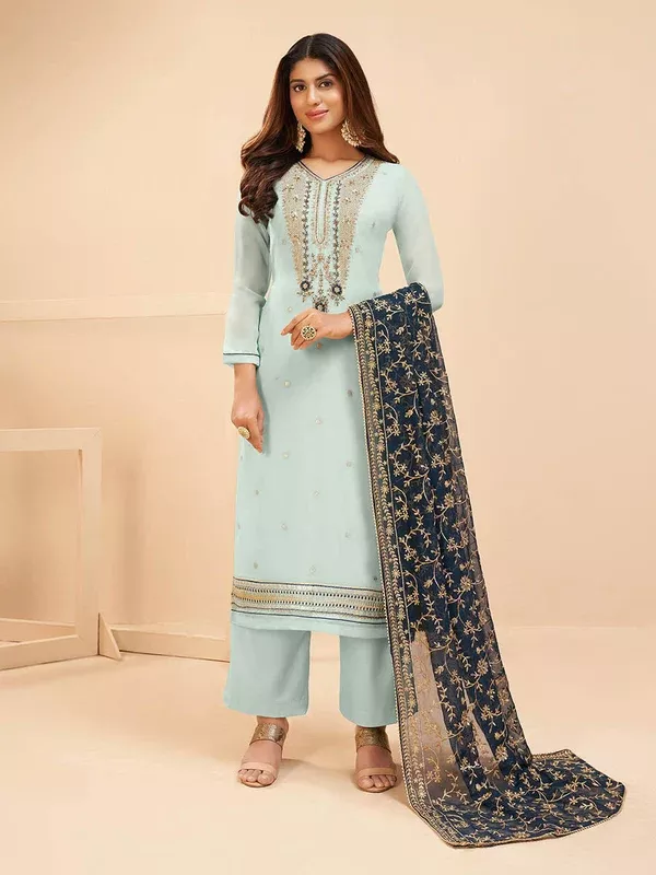 Myra Light Blue Georgette Embroidered Palazzo Suit - XXS