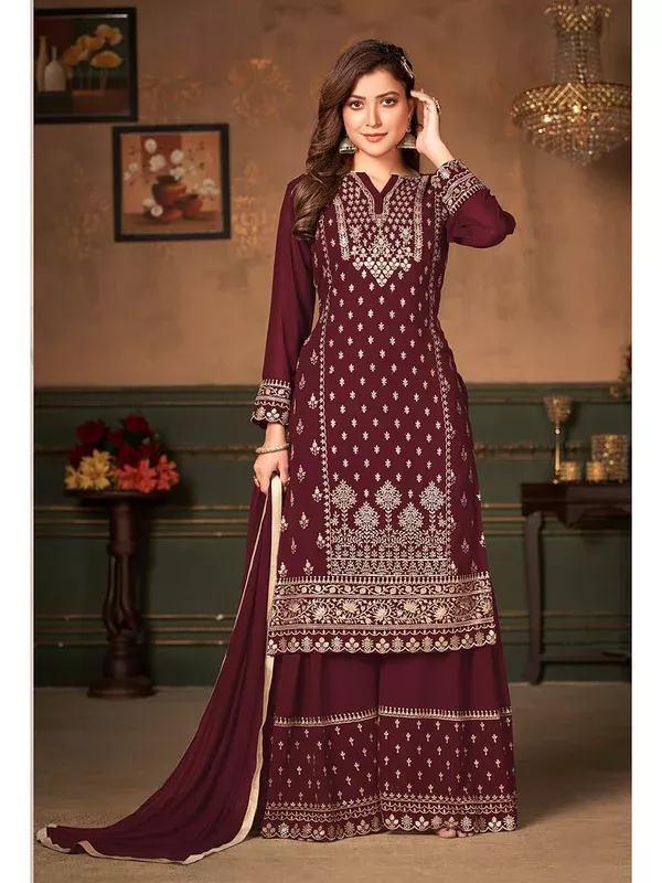 Myra Maroon Faux Georgette Embroidered Sharara Suit - XXS