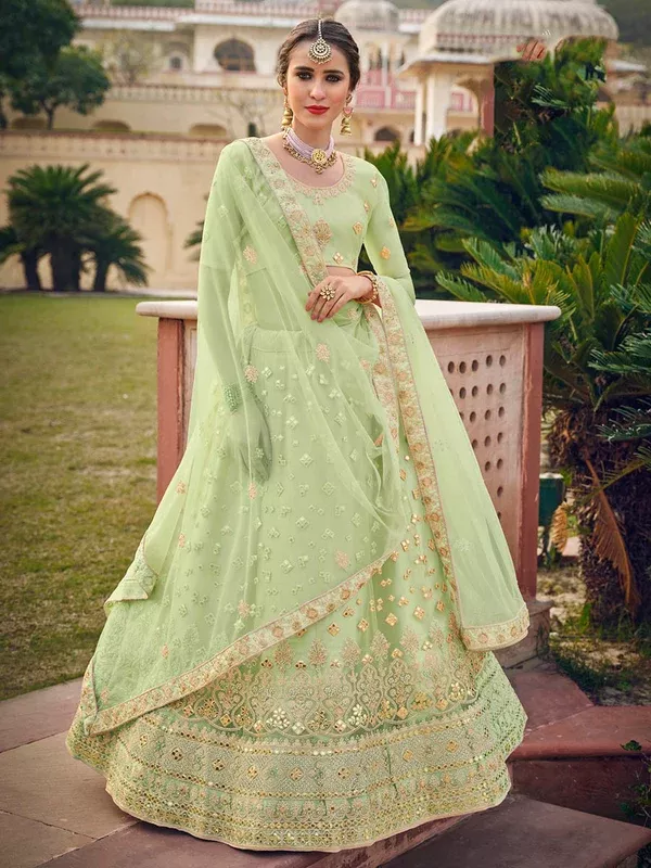 Myra Mint Green Net Heavy Embroidered Designer Lehenga - XXS