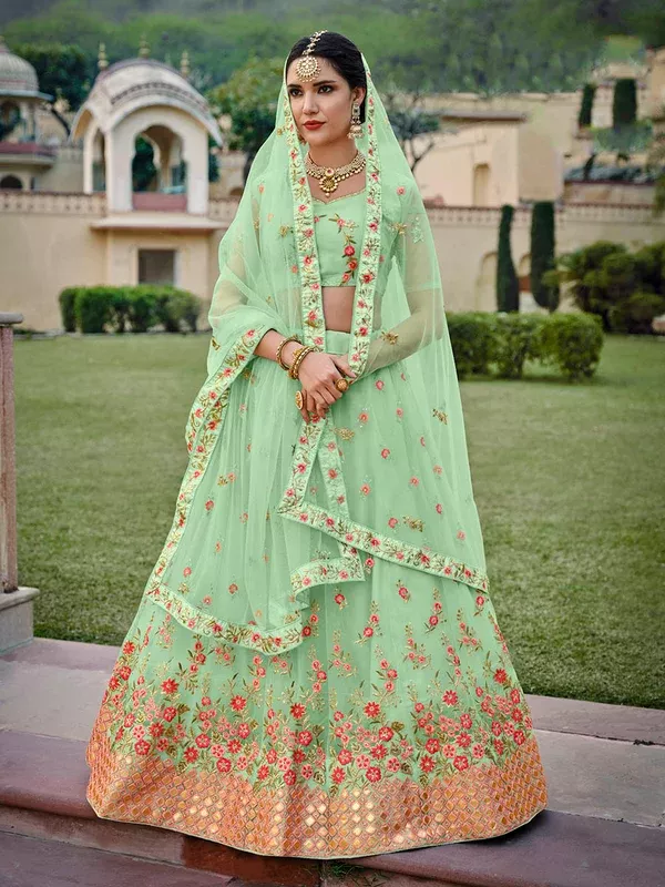 Myra Mint Green Net Heavy Embroidered Lehenga - XXS