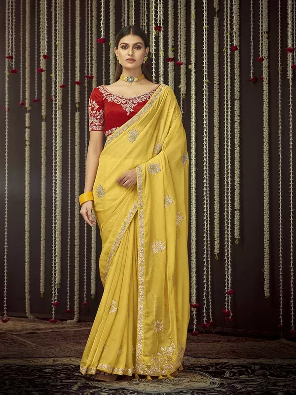 Myra Mustard Art Silk Heavy Embroidered Designer Saree - XXS