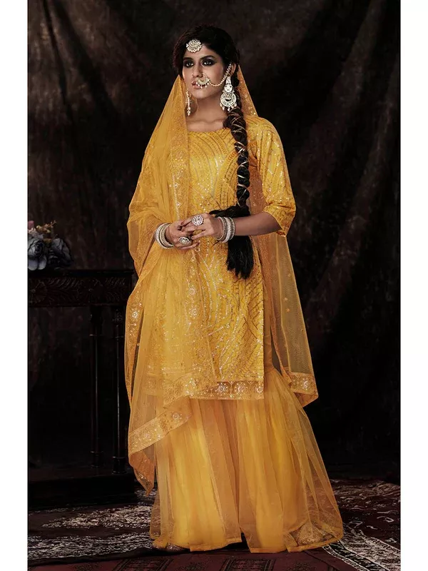 Myra Mustard Net Embroidered Sharara Suit - XXS