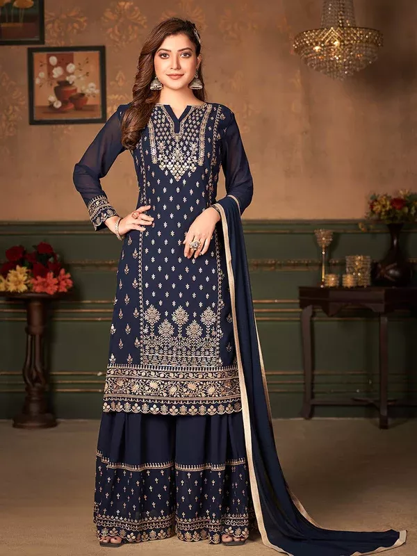 Myra Navy Blue Faux Georgette Embroidered Sharara Suit - XXS