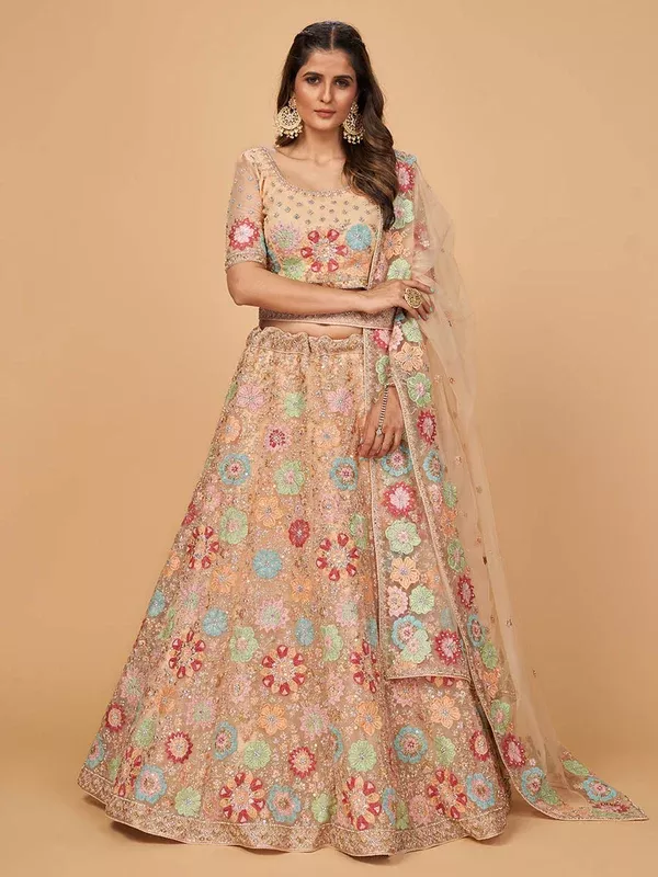 Myra Peach Soft Net Heavy Embroidered Designer Lehenga - XXS