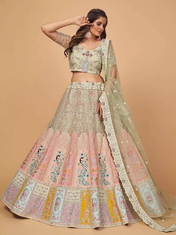 Myra Pista Green Soft Net Heavy Embroidered Designer Lehenga - XXS