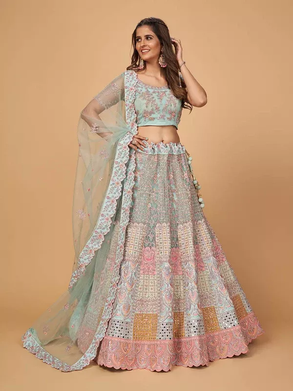 Myra Sky Blue Soft Net Heavy Embroidered Designer Lehenga - XXS