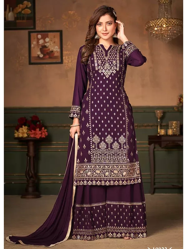 Myra Wine Faux Georgette Embroidered Sharara Suit - XXS