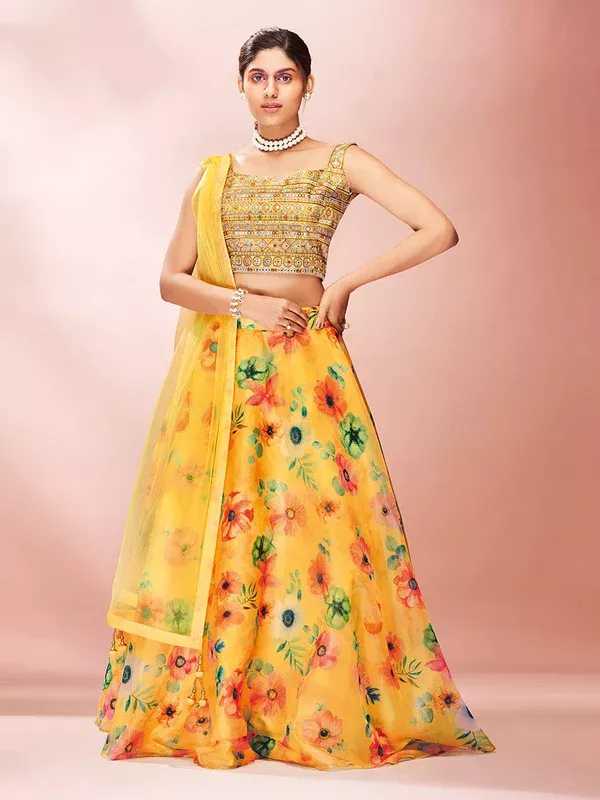 Myra Yellow Art Silk Embroidered Mirror Work Lehenga - XXS