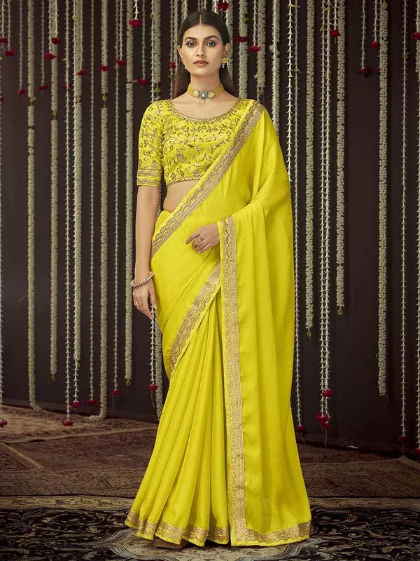 Myra Yellow Chinon Silk Heavy Embroidered Designer Saree - XXS