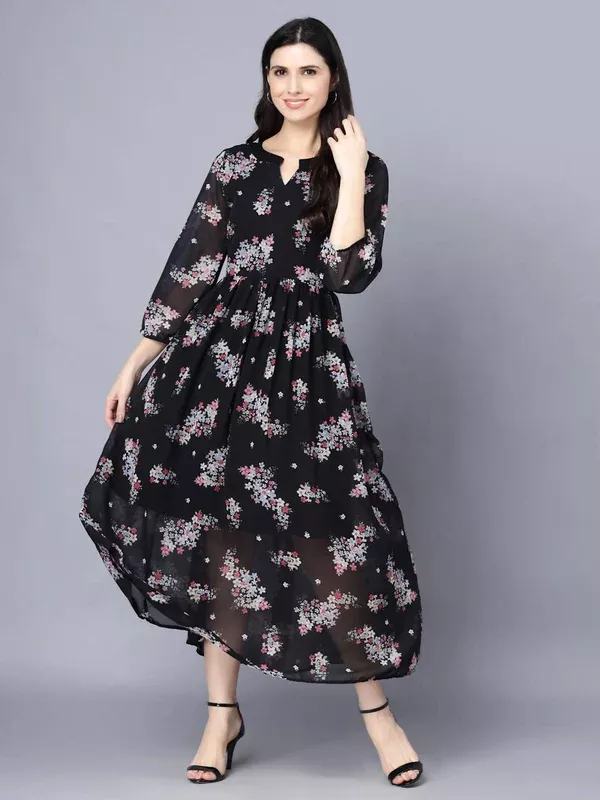 Myshka Black Floral Keyhole Neck Georgette Maxi Dress - S