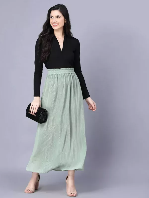 Myshka Chiffon Solid Green Women Skirt - S