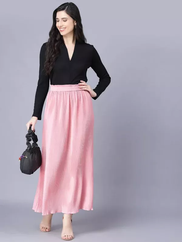 Myshka Chiffon Solid Pink Women Skirt - S