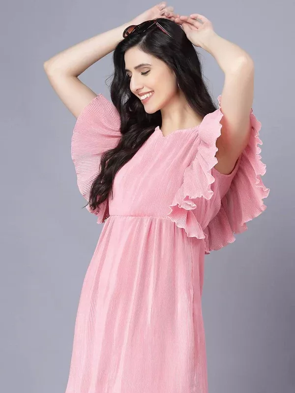 Myshka Chiffon Solid Short Sleeve Round Pink Women Dress - S